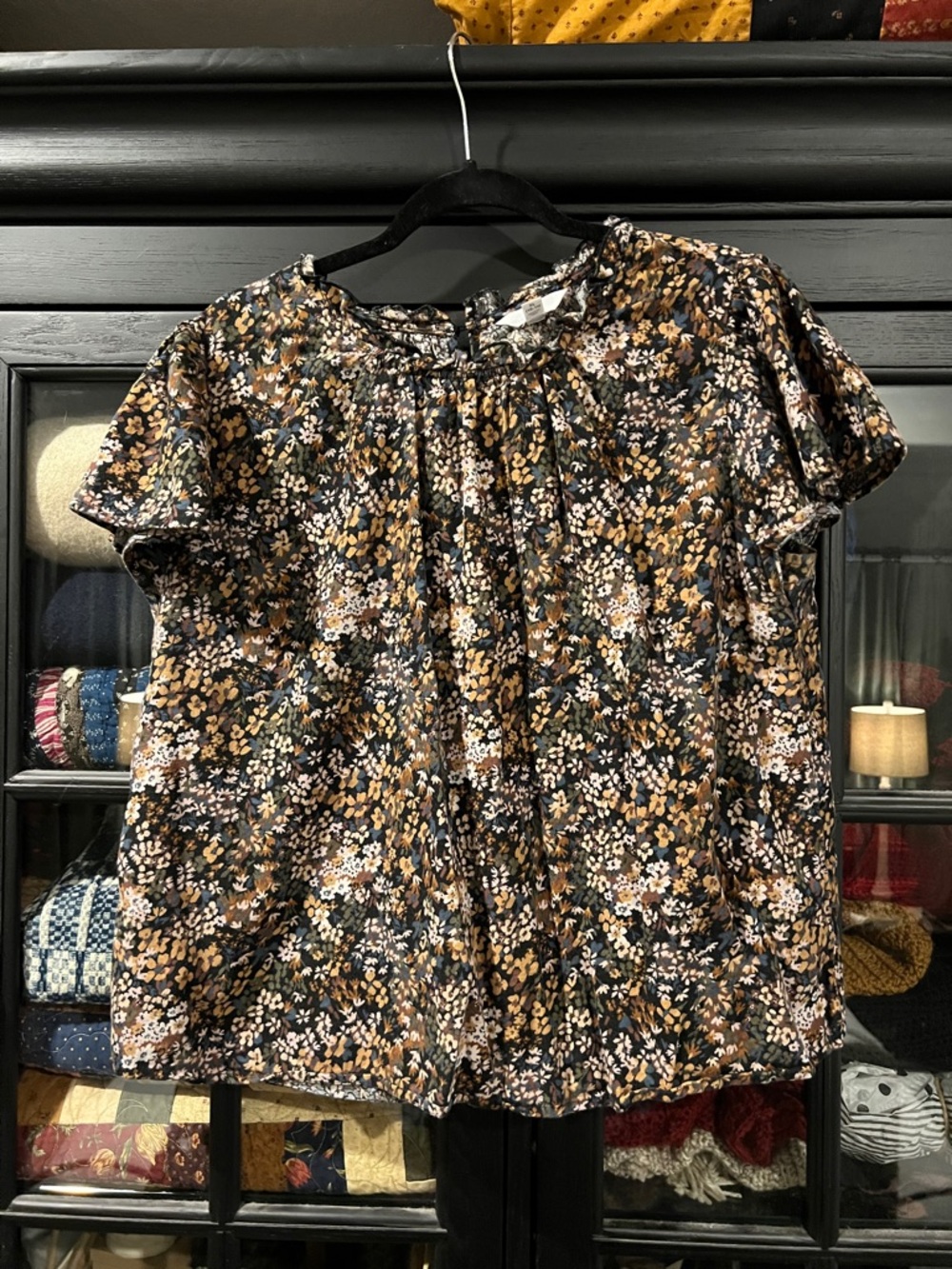 Time and Tru Floral Short-Sleeve Blouse in Black, Tan and Cream